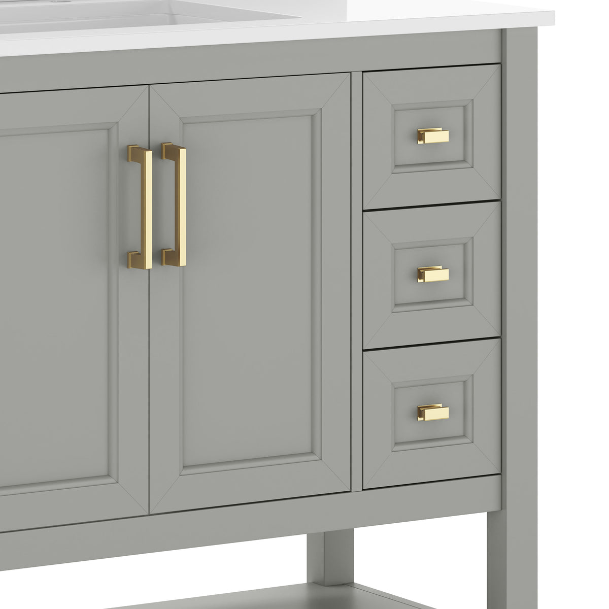 Gray Frame/Gold Hardware,36" |#| 36" Bathroom Vanity with Sink, Open Storage, and Storage Drawers in Gray