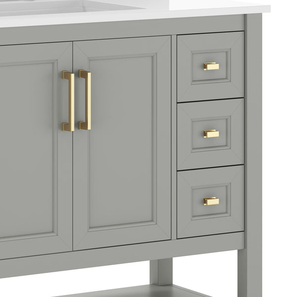 Gray Frame/Gold Hardware,36" |#| 36" Bathroom Vanity with Sink, Open Storage, and Storage Drawers in Gray