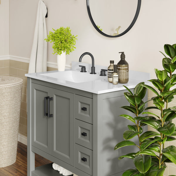 Gray Frame/Black Hardware,36" |#| 36" Bathroom Vanity with Sink, Open Storage, and Storage Drawers in Gray
