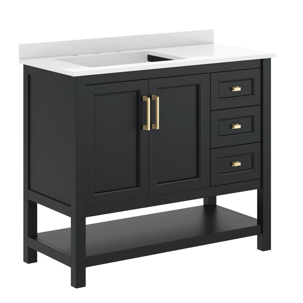 Black Frame/Gold Hardware,42" |#| 42" Bathroom Vanity with Sink, Open Storage, and Storage Drawers in Black