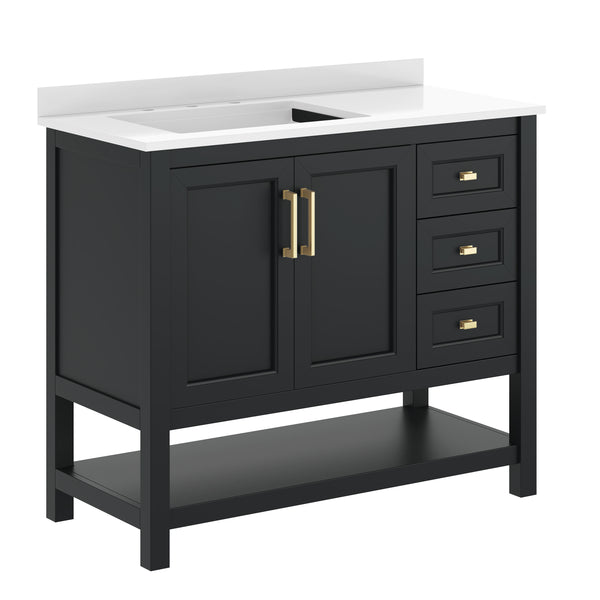 Black Frame/Gold Hardware,42" |#| 42" Bathroom Vanity with Sink, Open Storage, and Storage Drawers in Black