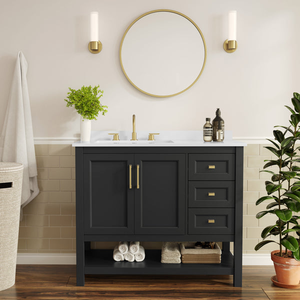 Black Frame/Gold Hardware,42" |#| 42" Bathroom Vanity with Sink, Open Storage, and Storage Drawers in Black