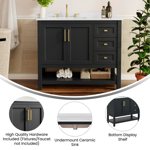 Black Frame/Gold Hardware,42" |#| 42" Bathroom Vanity with Sink, Open Storage, and Storage Drawers in Black