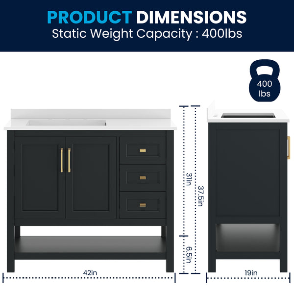 Black Frame/Gold Hardware,42" |#| 42" Bathroom Vanity with Sink, Open Storage, and Storage Drawers in Black