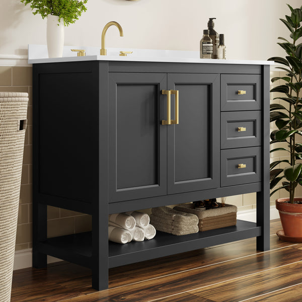 Black Frame/Gold Hardware,42" |#| 42" Bathroom Vanity with Sink, Open Storage, and Storage Drawers in Black