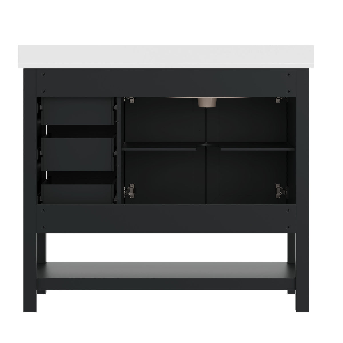 Black Frame/Gold Hardware,42" |#| 42" Bathroom Vanity with Sink, Open Storage, and Storage Drawers in Black