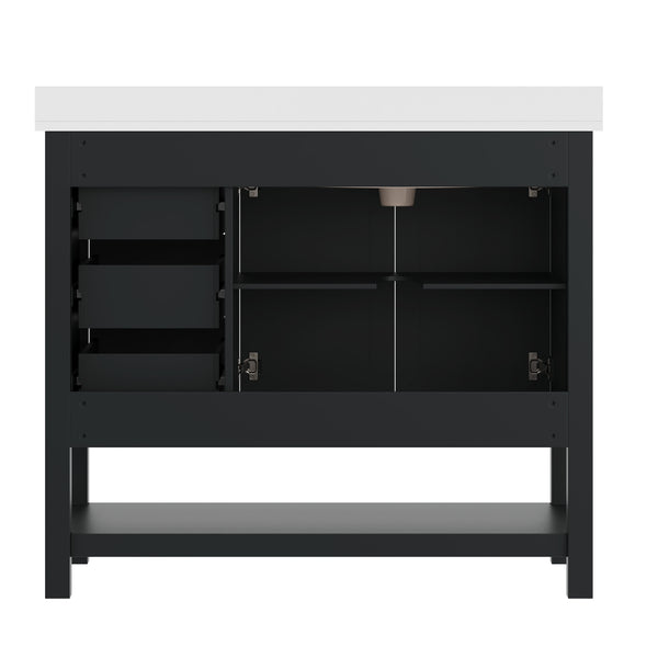 Black Frame/Gold Hardware,42" |#| 42" Bathroom Vanity with Sink, Open Storage, and Storage Drawers in Black