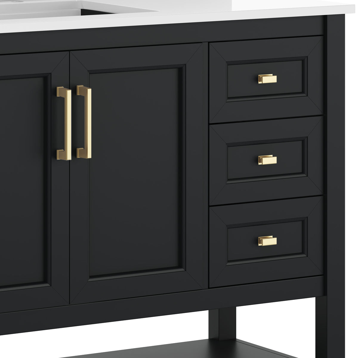 Black Frame/Gold Hardware,42" |#| 42" Bathroom Vanity with Sink, Open Storage, and Storage Drawers in Black