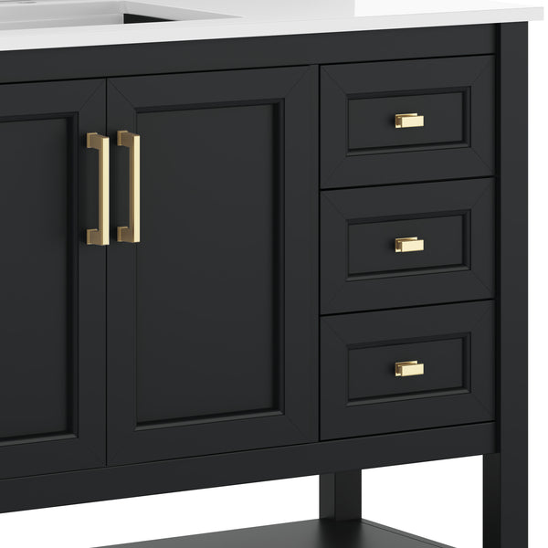 Black Frame/Gold Hardware,42" |#| 42" Bathroom Vanity with Sink, Open Storage, and Storage Drawers in Black