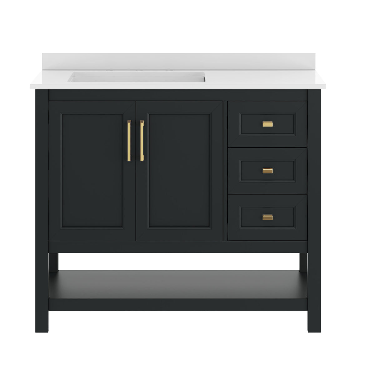 Black Frame/Gold Hardware,42" |#| 42" Bathroom Vanity with Sink, Open Storage, and Storage Drawers in Black
