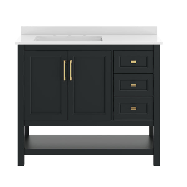 Gray Frame/Gold Hardware,42" |#| 42" Bathroom Vanity with Sink, Open Storage, and Storage Drawers in Gray