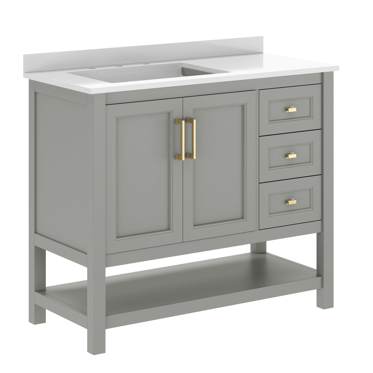 Gray Frame/Gold Hardware,42" |#| 42" Bathroom Vanity with Sink, Open Storage, and Storage Drawers in Gray