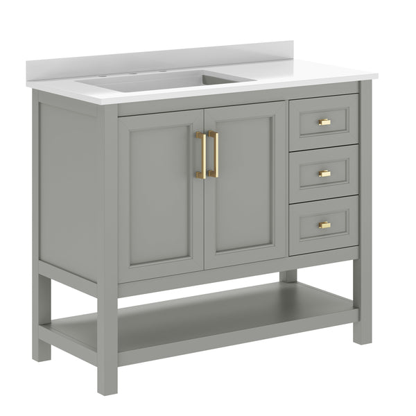 Gray Frame/Gold Hardware,42" |#| 42" Bathroom Vanity with Sink, Open Storage, and Storage Drawers in Gray