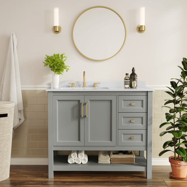 Gray Frame/Gold Hardware,42" |#| 42" Bathroom Vanity with Sink, Open Storage, and Storage Drawers in Gray