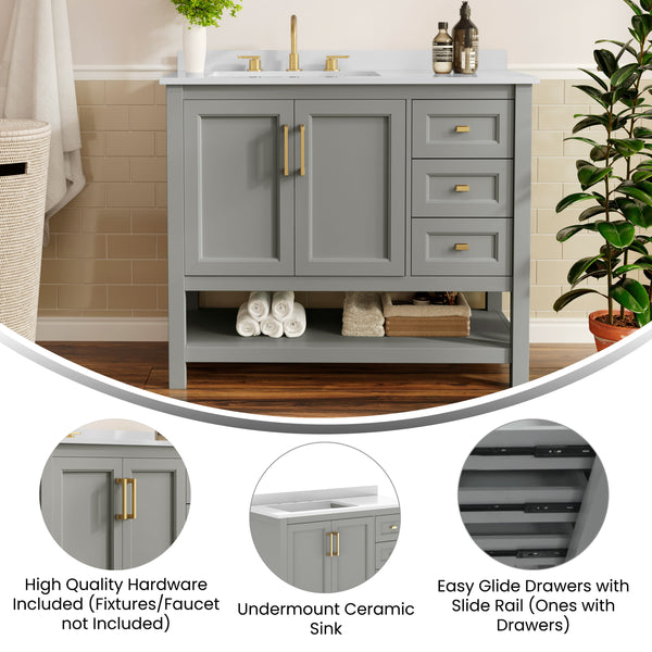 Gray Frame/Gold Hardware,42" |#| 42" Bathroom Vanity with Sink, Open Storage, and Storage Drawers in Gray