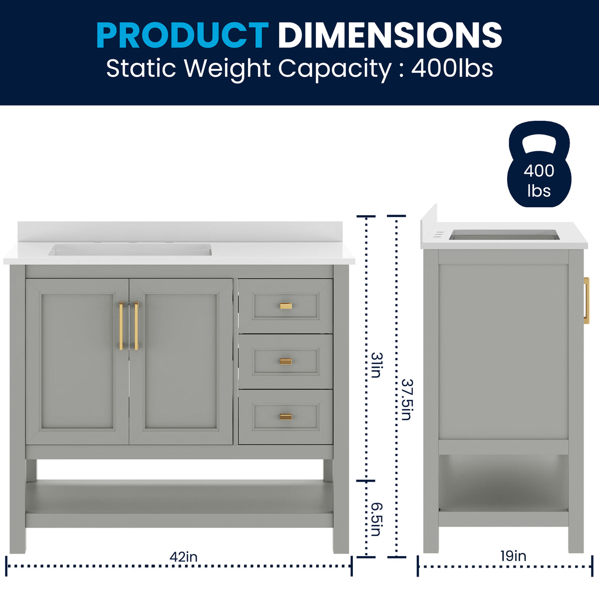 Gray Frame/Gold Hardware,42" |#| 42" Bathroom Vanity with Sink, Open Storage, and Storage Drawers in Gray