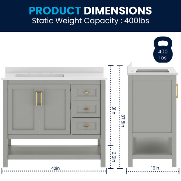 Gray Frame/Gold Hardware,42" |#| 42" Bathroom Vanity with Sink, Open Storage, and Storage Drawers in Gray