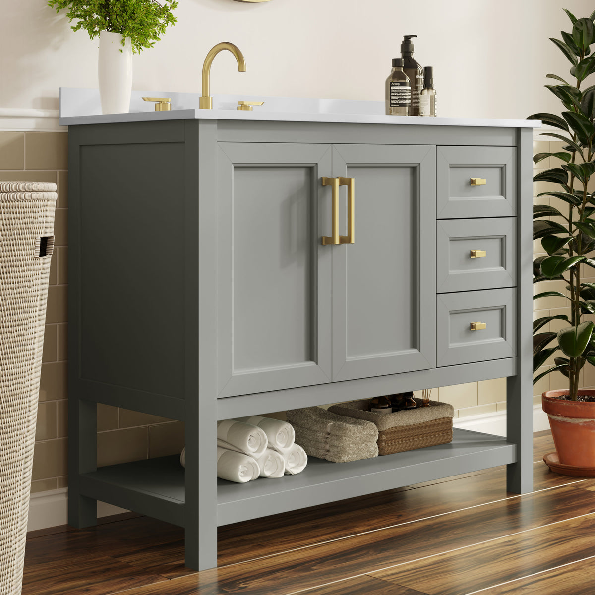 Gray Frame/Gold Hardware,42" |#| 42" Bathroom Vanity with Sink, Open Storage, and Storage Drawers in Gray