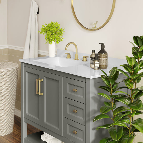 Gray Frame/Gold Hardware,42" |#| 42" Bathroom Vanity with Sink, Open Storage, and Storage Drawers in Gray