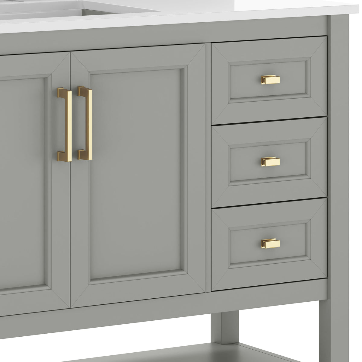 Gray Frame/Gold Hardware,42" |#| 42" Bathroom Vanity with Sink, Open Storage, and Storage Drawers in Gray