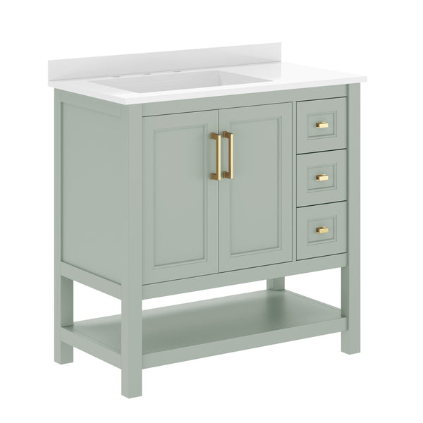 Sage Frame/Gold Hardware,36" |#| 36" Bathroom Vanity with Sink, Open Storage, and Storage Drawers in Sage
