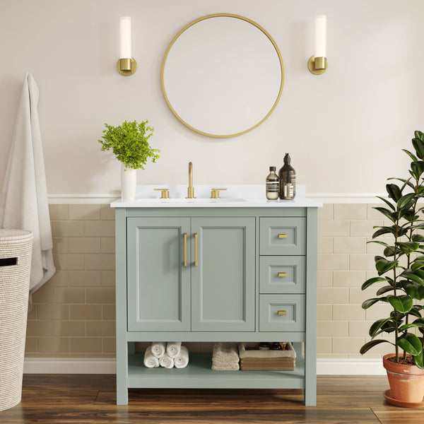 Sage Frame/Gold Hardware,36" |#| 36" Bathroom Vanity with Sink, Open Storage, and Storage Drawers in Sage