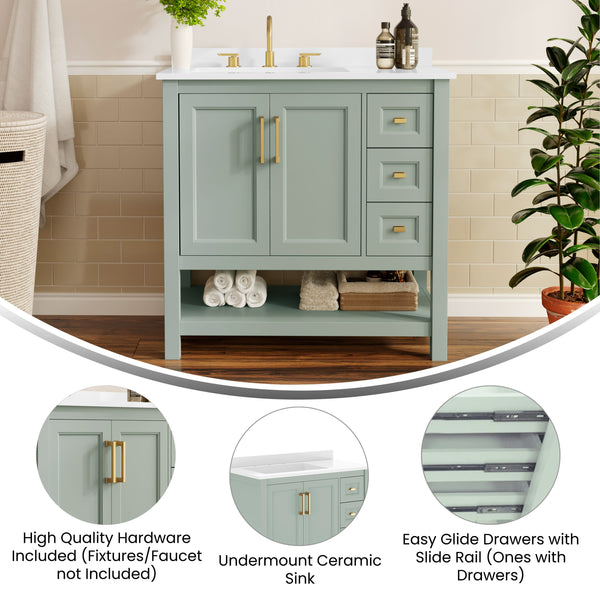 Sage Frame/Gold Hardware,36" |#| 36" Bathroom Vanity with Sink, Open Storage, and Storage Drawers in Sage