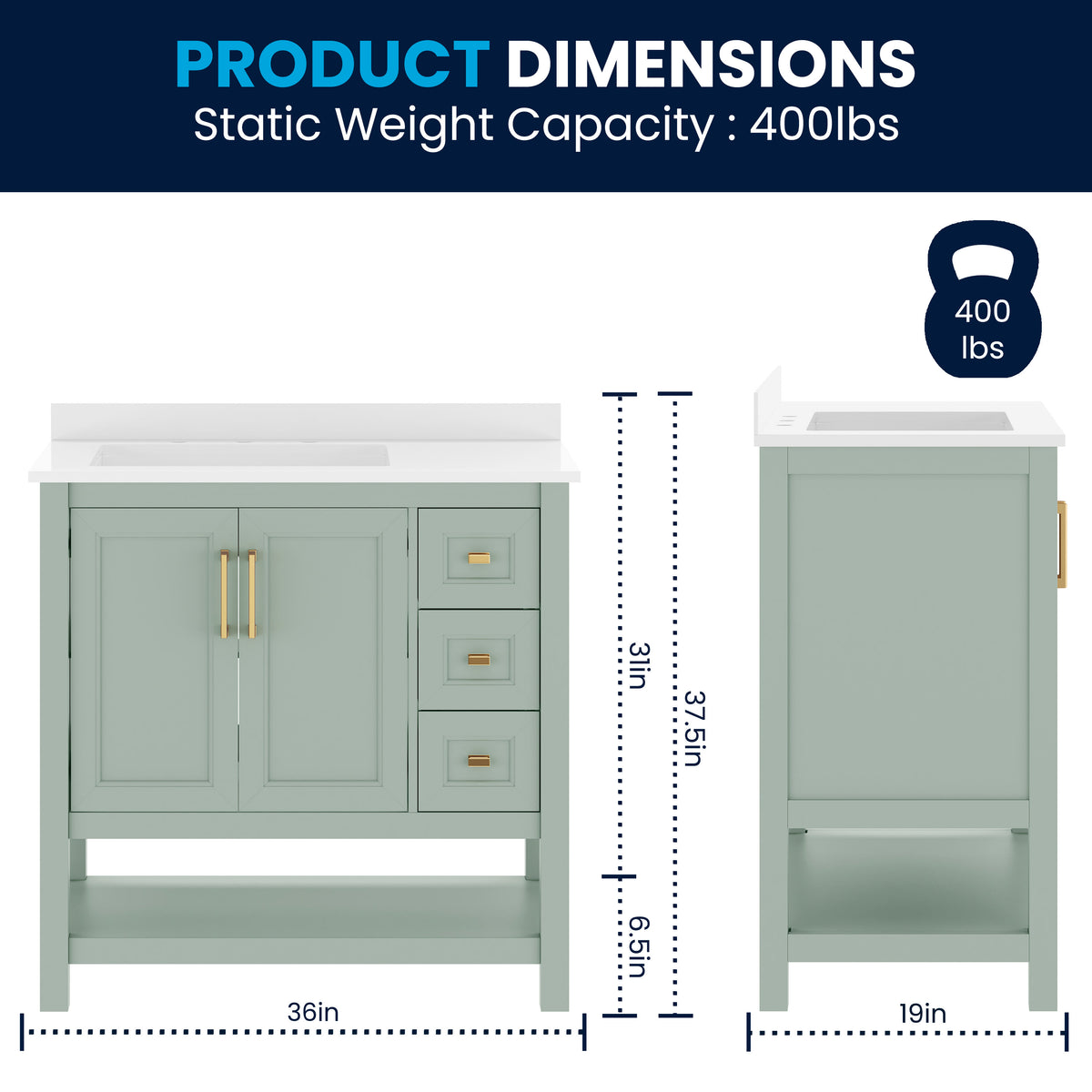 Sage Frame/Gold Hardware,36" |#| 36" Bathroom Vanity with Sink, Open Storage, and Storage Drawers in Sage