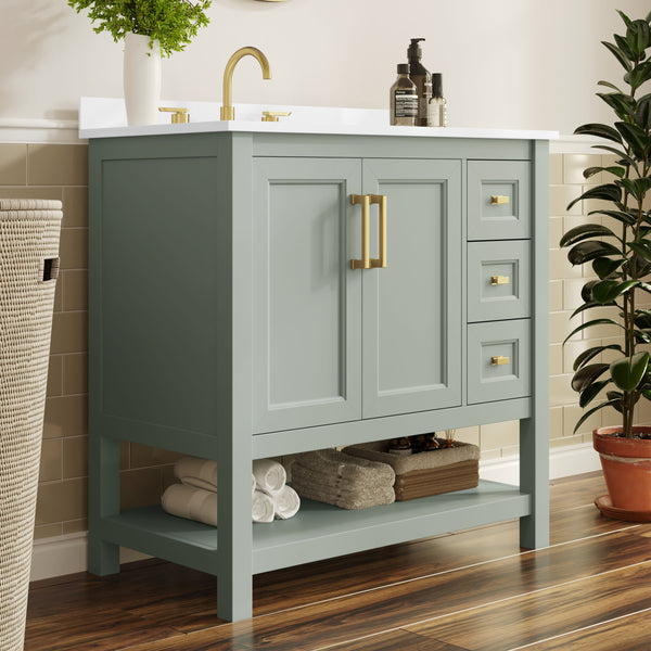 Sage Frame/Gold Hardware,36" |#| 36" Bathroom Vanity with Sink, Open Storage, and Storage Drawers in Sage
