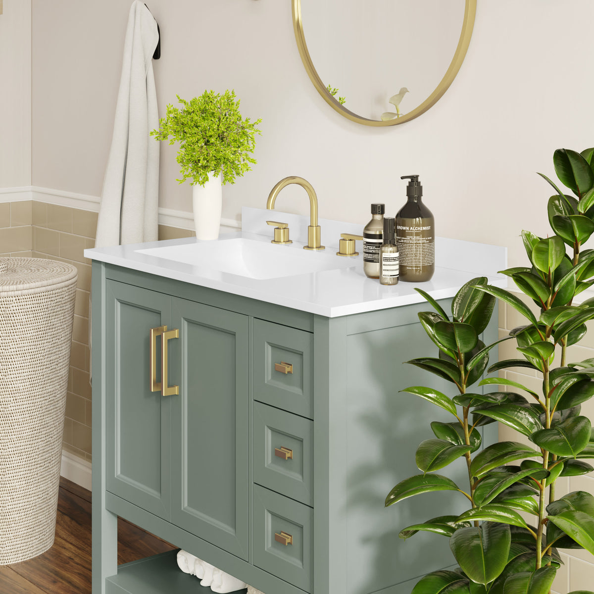 Sage Frame/Gold Hardware,36" |#| 36" Bathroom Vanity with Sink, Open Storage, and Storage Drawers in Sage