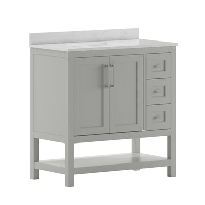 Vega Bathroom Vanity with Sink, Storage Cabinet with Soft Close Doors, Open Shelf and 3 Drawers, Carrara Marble Finish Countertop