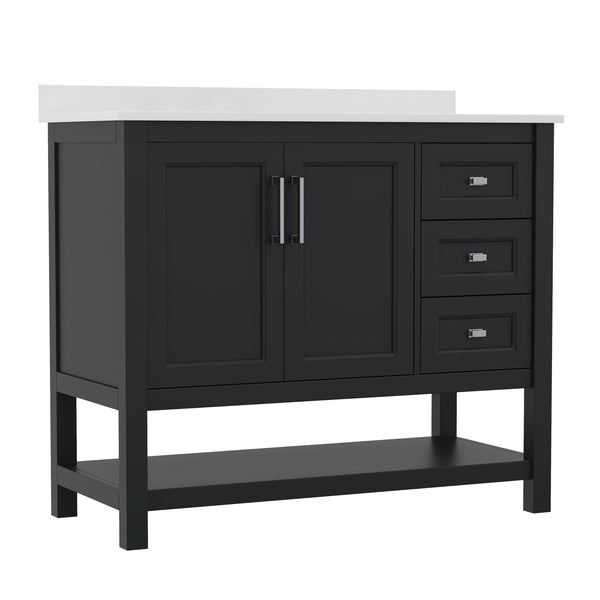 Black Frame/Nickel Hardware,42" |#| 42 Inch Bathroom Vanity with Sink, Open Storage, and Storage Drawers in Black