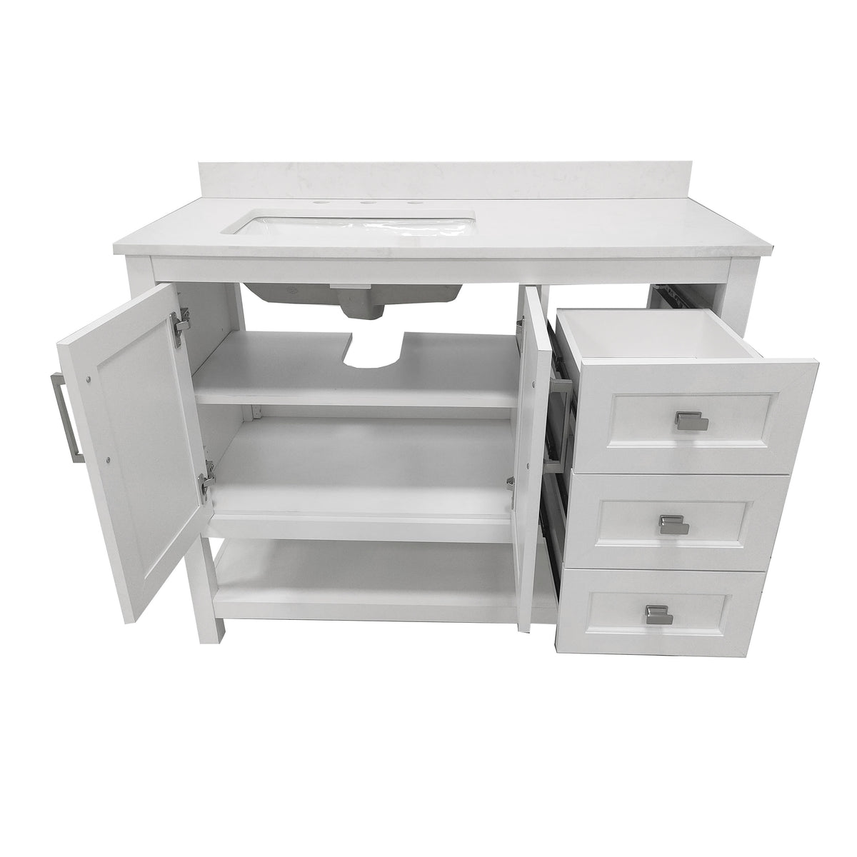 White,42" |#| 42 Inch Bathroom Vanity with Sink, Open Storage, and Storage Drawers in White