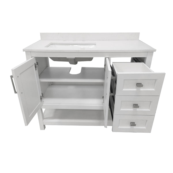 White,42" |#| 42 Inch Bathroom Vanity with Sink, Open Storage, and Storage Drawers in White