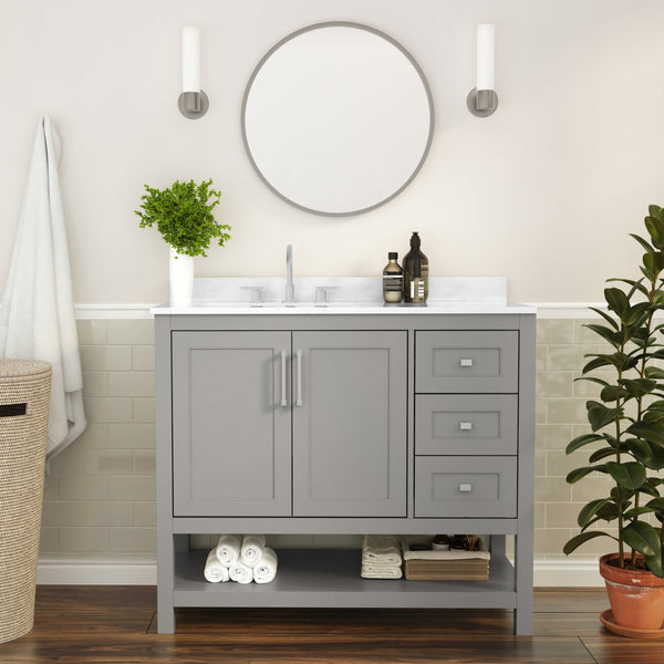 Gray,42" |#| 42 Inch Bathroom Vanity with Sink, Open Storage, and Storage Drawers in Gray