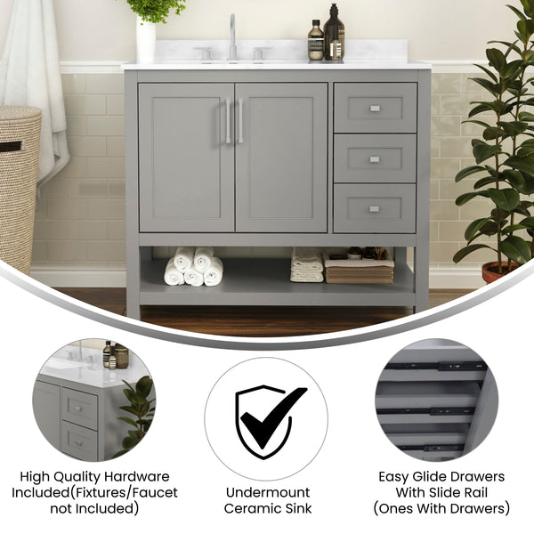 Gray,42" |#| 42 Inch Bathroom Vanity with Sink, Open Storage, and Storage Drawers in Gray
