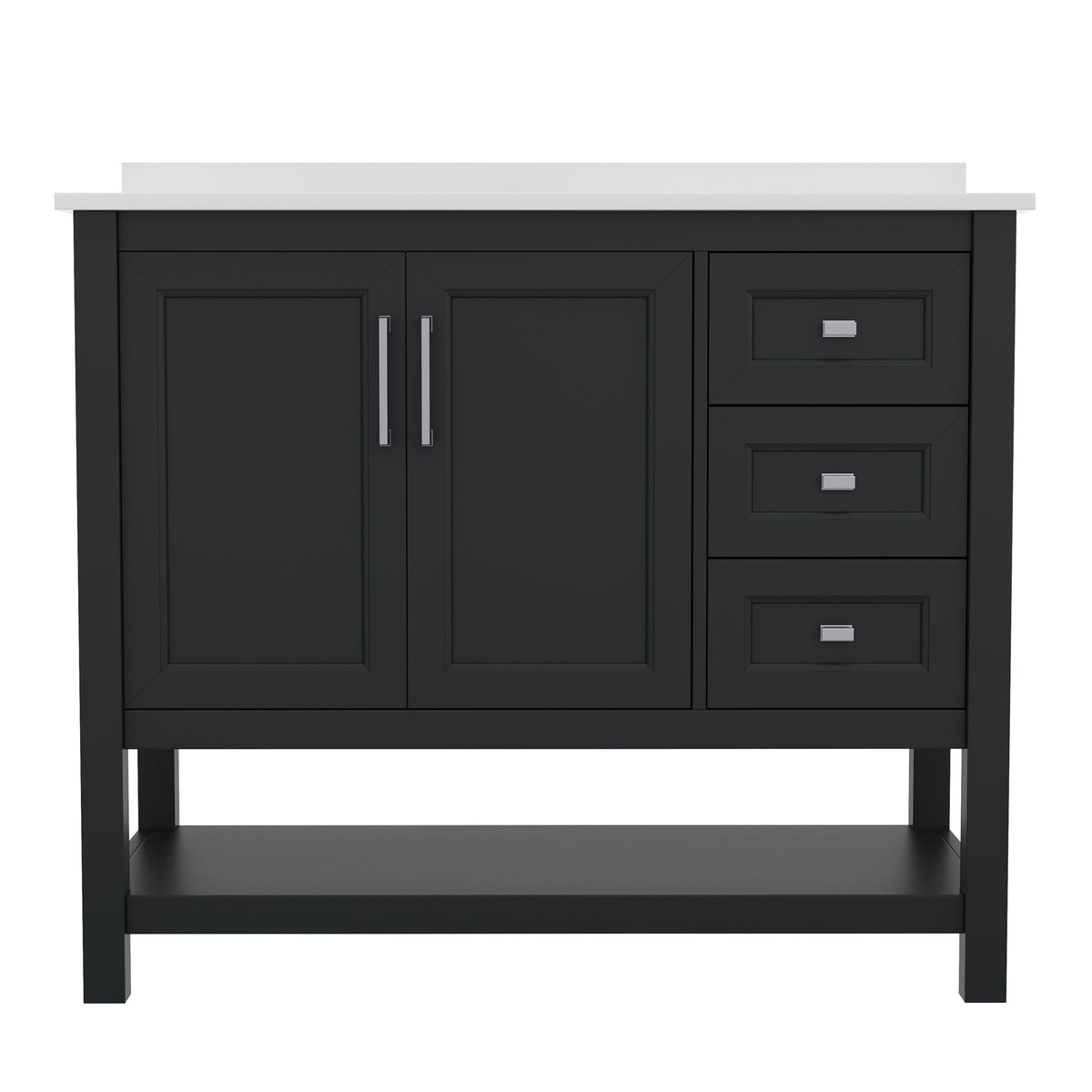 Black Frame/Nickel Hardware,42" |#| 42 Inch Bathroom Vanity with Sink, Open Storage, and Storage Drawers in Black
