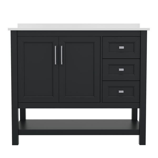 Black Frame/Nickel Hardware,42" |#| 42 Inch Bathroom Vanity with Sink, Open Storage, and Storage Drawers in Black