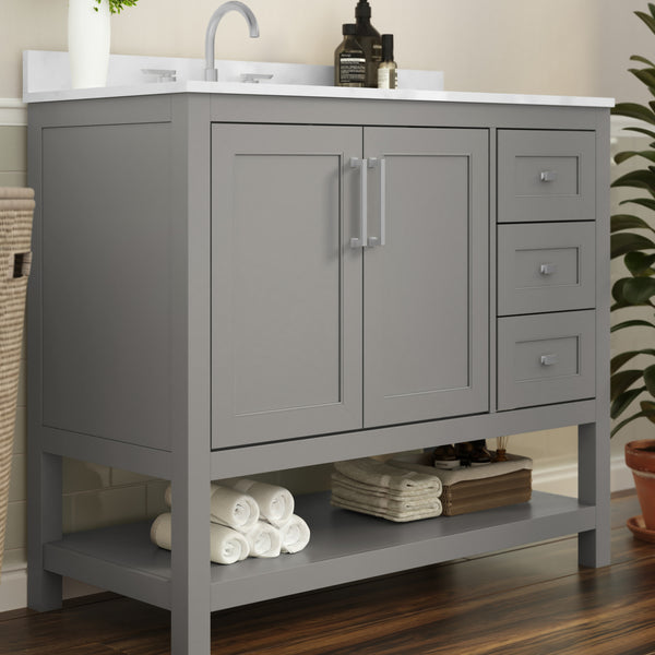 Gray,42" |#| 42 Inch Bathroom Vanity with Sink, Open Storage, and Storage Drawers in Gray