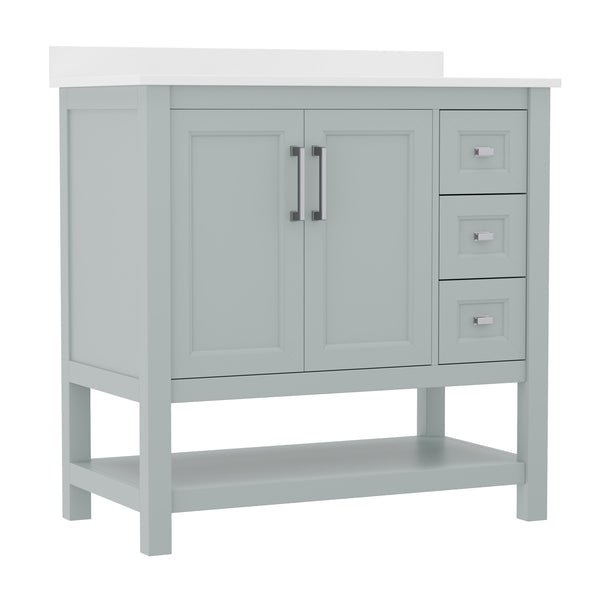 Sage Frame/Nickel Hardware,36" |#| 36 Inch Bathroom Vanity with Sink, Open Storage, and Storage Drawers in Sage