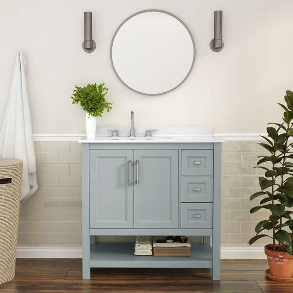Sage Frame/Nickel Hardware,36" |#| 36 Inch Bathroom Vanity with Sink, Open Storage, and Storage Drawers in Sage