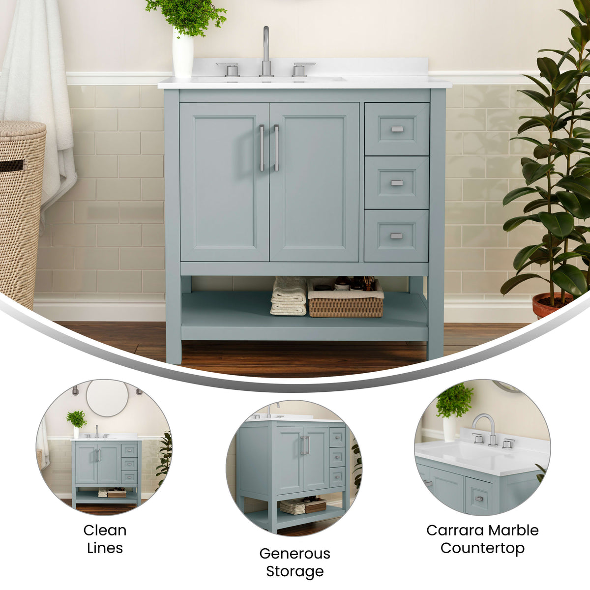Sage Frame/Nickel Hardware,36" |#| 36 Inch Bathroom Vanity with Sink, Open Storage, and Storage Drawers in Sage