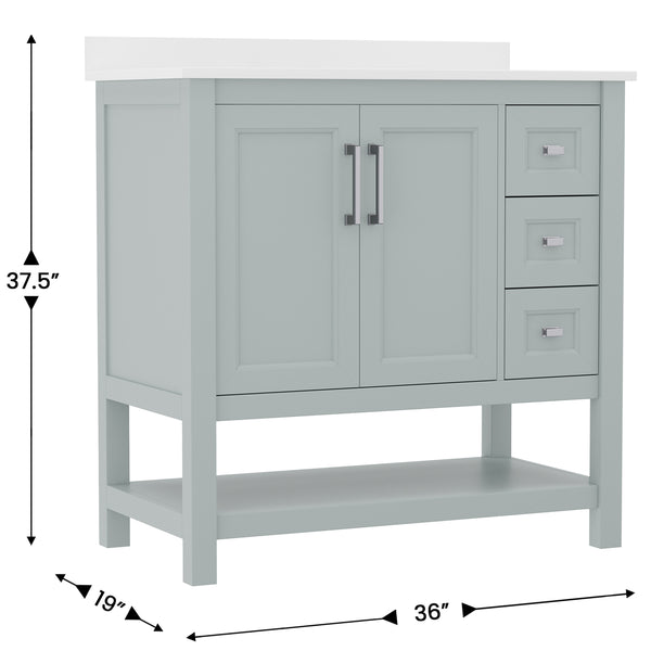 Sage Frame/Nickel Hardware,36" |#| 36 Inch Bathroom Vanity with Sink, Open Storage, and Storage Drawers in Sage