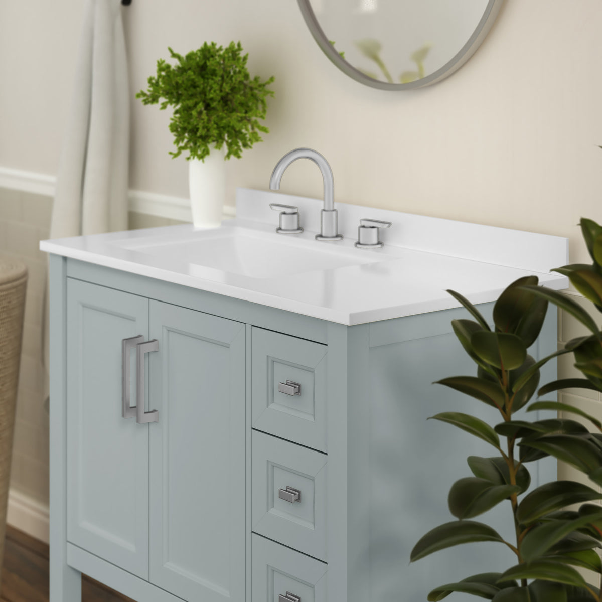 Sage Frame/Nickel Hardware,36" |#| 36 Inch Bathroom Vanity with Sink, Open Storage, and Storage Drawers in Sage