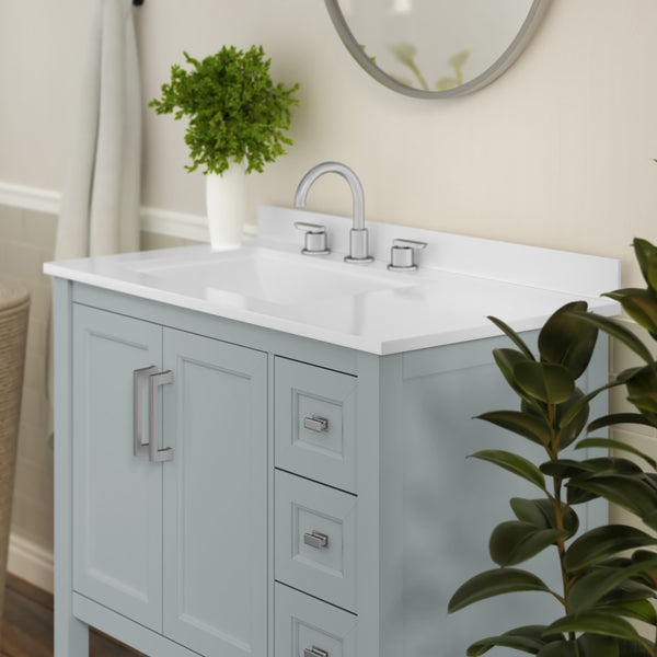 Sage Frame/Nickel Hardware,36" |#| 36 Inch Bathroom Vanity with Sink, Open Storage, and Storage Drawers in Sage