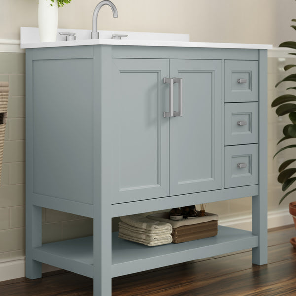 Sage Frame/Nickel Hardware,36" |#| 36 Inch Bathroom Vanity with Sink, Open Storage, and Storage Drawers in Sage