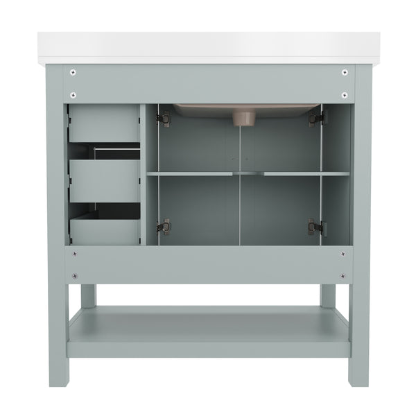 Sage Frame/Nickel Hardware,36" |#| 36 Inch Bathroom Vanity with Sink, Open Storage, and Storage Drawers in Sage