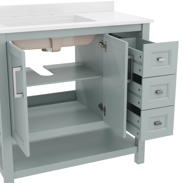 Sage Frame/Nickel Hardware,36" |#| 36 Inch Bathroom Vanity with Sink, Open Storage, and Storage Drawers in Sage