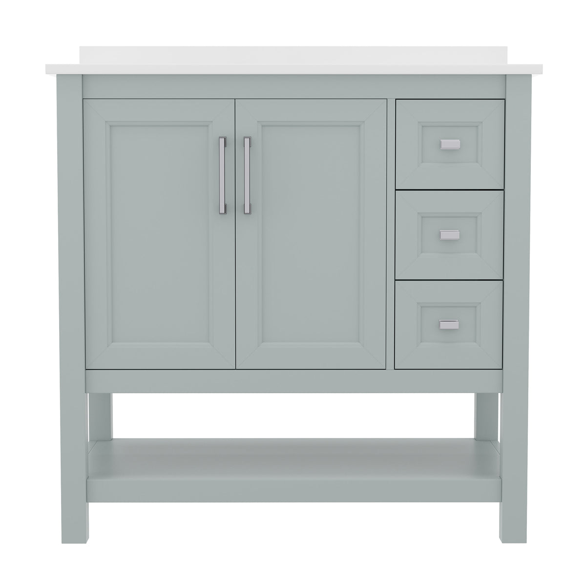 Sage Frame/Nickel Hardware,36" |#| 36 Inch Bathroom Vanity with Sink, Open Storage, and Storage Drawers in Sage