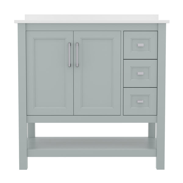 Sage Frame/Nickel Hardware,36" |#| 36 Inch Bathroom Vanity with Sink, Open Storage, and Storage Drawers in Sage